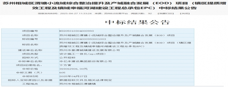 3.69億！蘇州EOD項(xiàng)目中標(biāo)